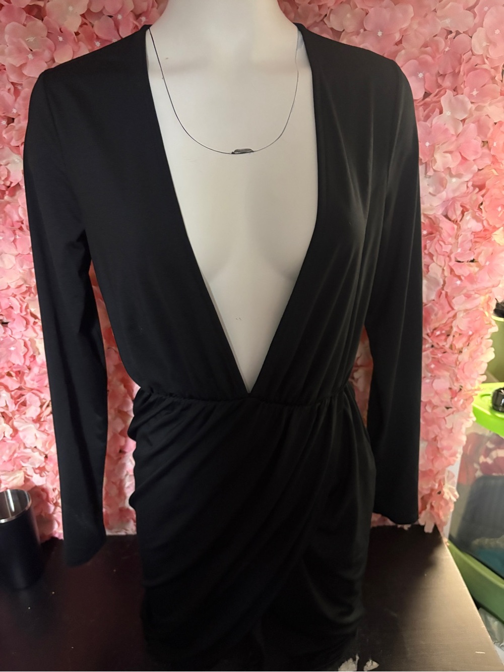 Tobi Black Long Sleeve Deep V Wrap Dress